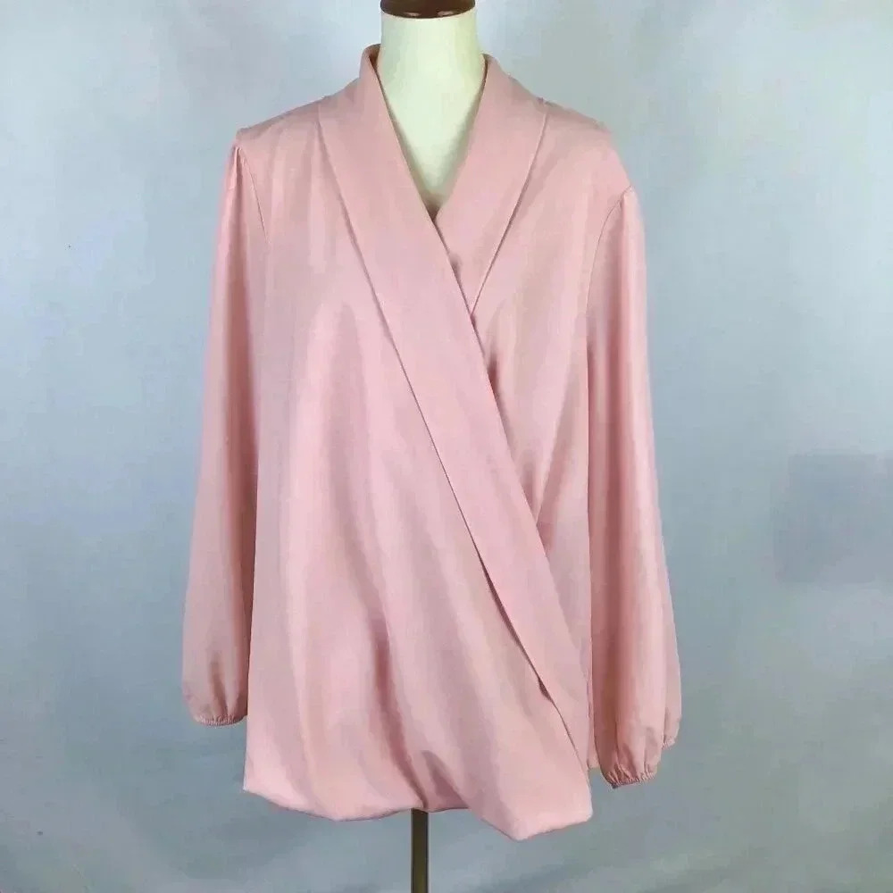 Bisou Bisou Michele Bohbot Blush Pink Wraparound Bubble Hem Top Puff Sleeves 3X